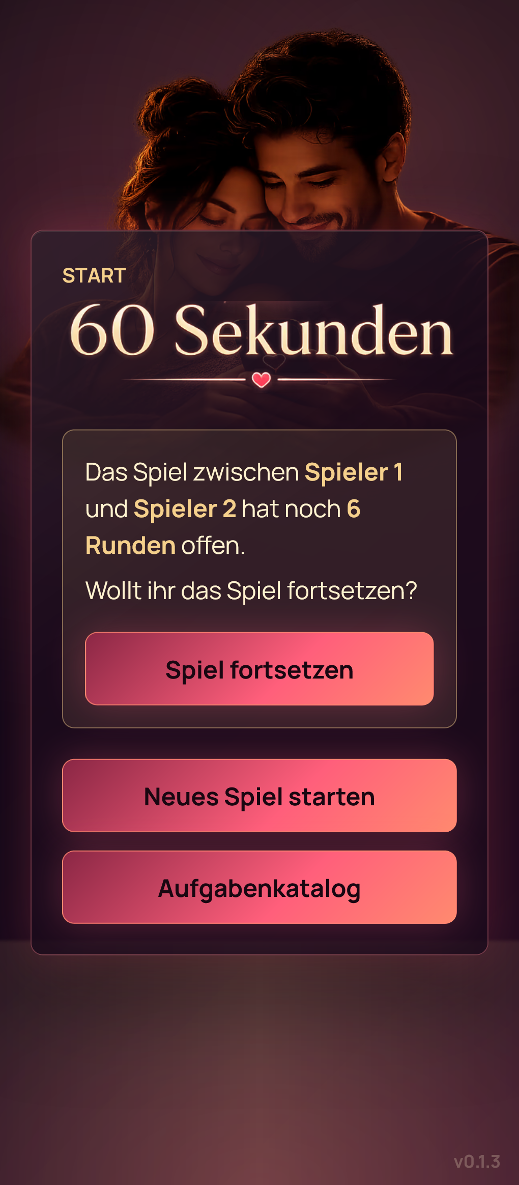 Startansicht von 60-Sekunden mit Fortsetzen-Option