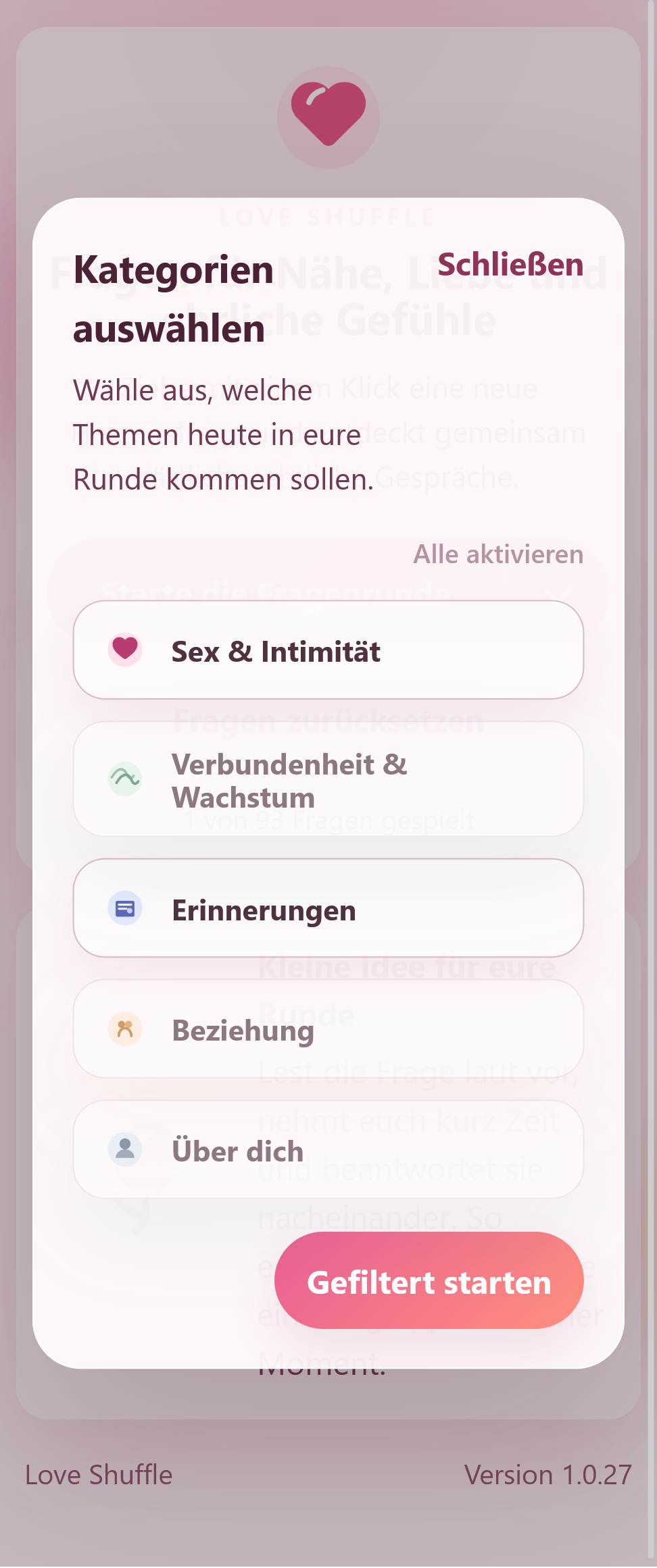 Kategorienauswahl der Love-Shuffle-App